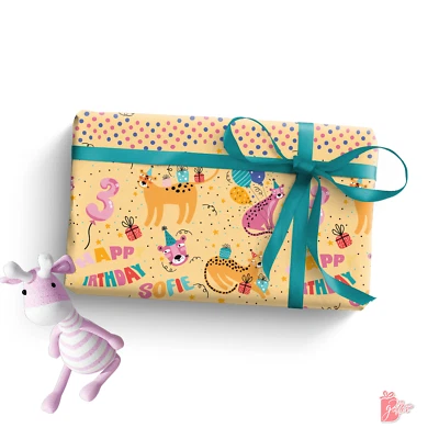 Name Personalized wrapping paper Custom Jungle Leopard Party Cute cat gift paper - Image 1 of 4