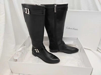 New in Box Women Size 6.5 Calvin Klein Tracie Black Leather Knee Riding Boots - Image 1 of 4