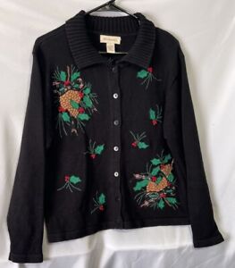 Bechamel Holiday Christmas Cardigan Size Large Black With Holly And Pine Cones.