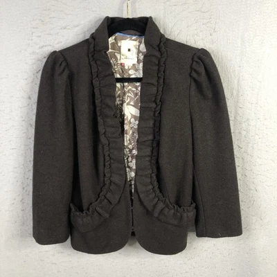 Blazer Elevenses para mujer 8 marrón oscuro con volantes mezcla de lana frente abierto Foto 1 de 4