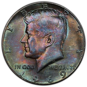 1969 D Kennedy Half Dollar 50C PCGS MS64 Rainbow Toned Monster Unique Color - Picture 1 of 5