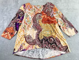 Chico's 3 US XL Paisley V-Neck Tee 3/4 Sleeve Hi-Low Hem Boho Festival Colorful - Picture 1 of 9