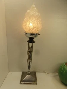 ANTIQUE CHROME DIANA NAKED LADY ART DECO STATUE LAMP FLAME GLASS LIGHTSHADE - Picture 1 of 13
