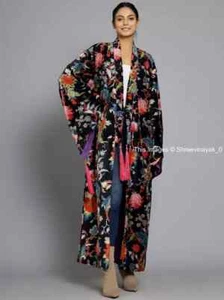 OFMD Black Floral  Velvet Banyan Fabric Kimono Original OFMD Bridal Robe Jacket - Picture 1 of 7