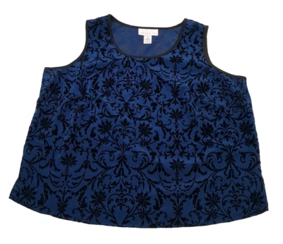Susan Graver 1X Lined Sleeveless Top Dark Floral Velvet Scrollwork Artsy Gypsy - Image 1 of 4