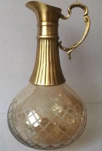 VINTAGE ANTIQUE AMBER DIAMOND HAND CUT GLASS/BRASS PITCHER  11” - Picture 1 of 5