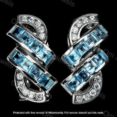 3Ct Princess Cut Aquamarine Diamond Drop & Dangle Earrings White Gold Finish - Image 1 of 3