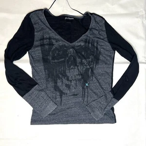 Y2K Metal Mulisha V Neck Skull Burnout Top Affliction Style Goth Grunge - Picture 1 of 7