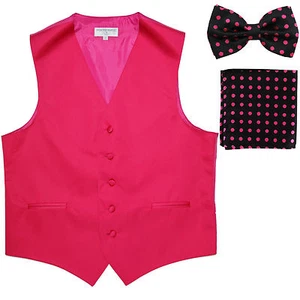 New Men's Formal Vest Tuxedo Waistcoat hot pink Polka Dots Bowtie & Hankie set - Picture 1 of 4