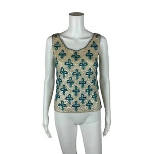 Vintage 50s Sequin Top Women's Extra Small Blue Beaded Sleeveless Shell Glam - Picture 1 of 7