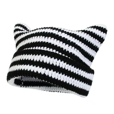 Hecho a mano en blanco y negro a rayas oreja de gato ganchillo/sombrero tejido/gorro, regalo de moda ~ EE. UU. Foto 1 de 4