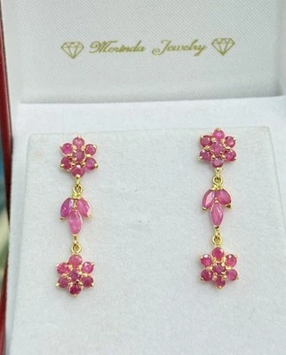 14k Solid Yellow Gold Flower Dangle Stud Earrings, Natural Ruby 3.57 Grams - Image 1 of 4