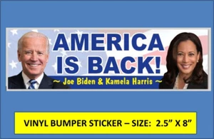 JOE BIDEN / KAMALA HARRIS BUMPER STICKER - AMERICA IS BACK -DUMP TRUMP THE LOSER - Picture 1 of 2
