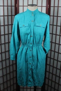 Vestido vintage manga larga abotonada talla pequeña azul verdoso slubby seda cruda - Imagen 1 de 7