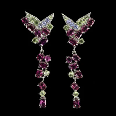 925 Sterling Silber Ohrringe Oval Rhodolit Granat Tansanit Edelstein Schmuck - Bild 1 von 4