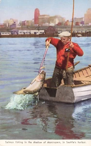 Seattle Washington Salmon Fishing in the Harbor Greetings Vintage Postcard 871 - Picture 1 of 2