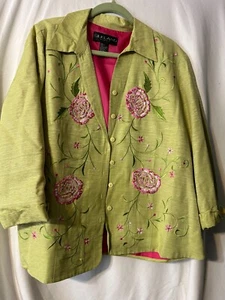Silkland Silk Green Embroidered Floral Jacket Pink Blazer Coat Size 2X (J3) - Picture 1 of 6