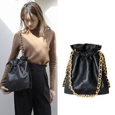 Quilted Real Leather Gold Chain Drawstring Bucket Bag Shoulder Purse Crossbody