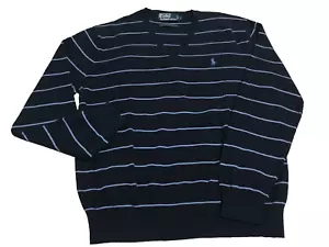 Polo Ralph Lauren Mens Size L V-neck Sweater Navy Lt. Blue horizontal stripes. - Picture 1 of 11