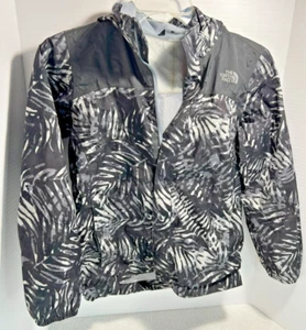 Boys L 14/16 The North Face Black Gray White Leaf Print Light Zip Up Rain Jacket - Picture 1 of 13