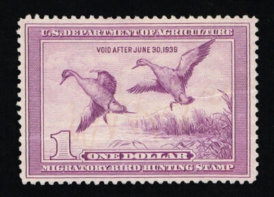 GENUINE SCOTT #RW5 VF USED 1938 LIGHT VIOLET FEDERAL DUCK STAMP - DRAKE & HEN - Image 1 of 2