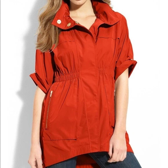 Ali Ro Red Anorak Jacket Rain Coat 3/4 Sleeve Removable Hood Womens Sz 0 $275 - Image 1 of 4