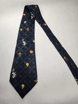 Looney Tunes Mania Mens Tie Necktie 100% Polyester 58" 4" Plaid Green Blue Black - Image 1 of 4