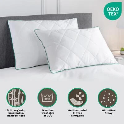 2 x Quilted Bamboo Pillow Machine Washable Thin Soft Pillows for Stomach Sleeper - Image 1 of 4