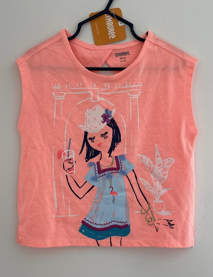 Gymboree Kids Girls Glitter Embroidered Girl Triangle Cut-Out Top Coral XS NWT - Image 1 of 3