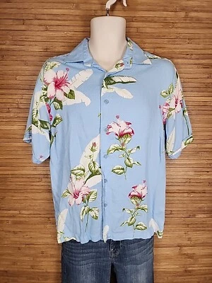 男式 Cubavera 蓝色花卉短袖人造丝夏威夷衬衫 M 码 — 第 1/4 张图片