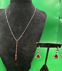 Modern Givenchy Black Tone Red Crystal Necklace & Earrings Set - Picture 1 of 9