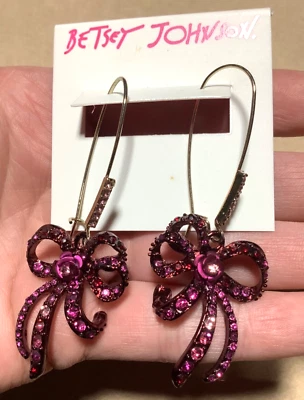 Betsey Johnson Crystal Bow Ribbon Roses 2.5" Drop Earrings Deep Ruby Pink NWT - Image 1 of 4