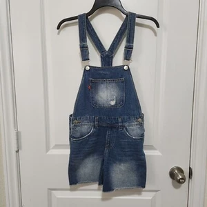 Levi's Girl's 12 Denim Blue Distressed Raw Hem Shortalls Shorts Overall Boho - Picture 1 of 9