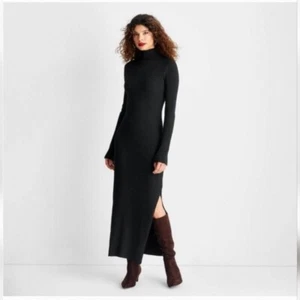 Future Collective Black Ribbed Turtleneck Long Sleeve Maxi Dress NWT - Picture 1 of 5