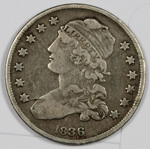1836 Bust Quarter.  Error.  Big Die Break Reverse @ 6:00.  VF.  183938 Cover