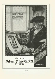 Anuncio impreso 1952 Schmitz Freres Swiss Suisse caja de reloj impermeable arte de mediados de siglo - Imagen 1 de 1
