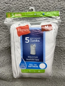 Hanes Tagless Tanks Boys Medium 10-12 White 5-Pack Undershirts Wicking Cooling - Picture 1 of 5