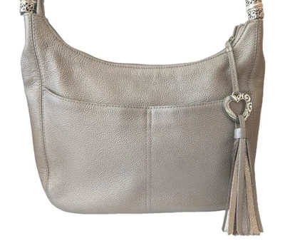 Brighton Barbados Zinc Pearl Pebbled Ziptop Leather Shoulder Hobo Bag - Image 1 of 4