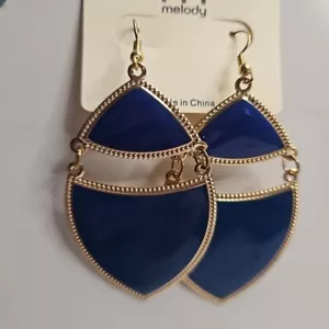 Earrings Dangle Oval 2.75" Drop Blue Gold Tone - Picture 1 of 4