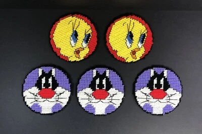 Vintage Handmade Needlepoint Yarn Tweety and Sylvester Coasters Lot of 5) 4.5 in - Image 1 of 4