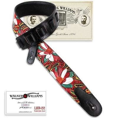 Correa de cuero negra premium Walker & Williams LHR-20 con talla de carrusel floral rojo Foto 1 de 4
