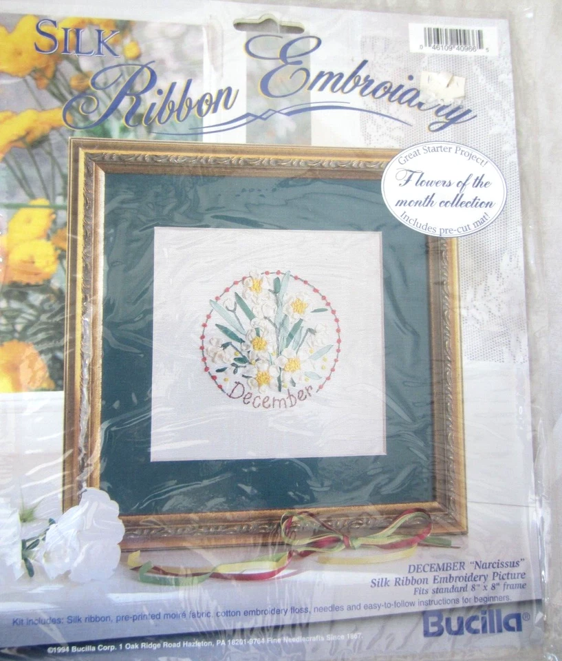 Bucilla DECEMBER Silk Ribbon Embroidery Picture Kit Flower of the Month 8X8