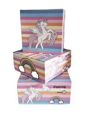 Set of 3 Rainbow Unicorn Lined Gift Box Kids Trinket Toys Storage Room Decor  - Image 1 of 4