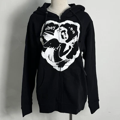 Obey 女式拉链连帽衫运动衫 Cherub '89 2 黑色 S 码全新带标签天使 — 第 1/4 张图片