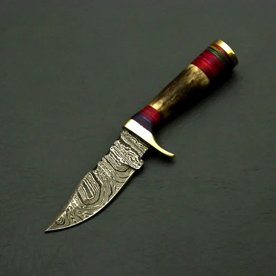 CUCHILLO DE CAZA/PELADO DAMASCO FORJADO A MANO HECHO A MEDIDA 6" - MANGO DE CIERVO/CUERNA Foto 1 de 4