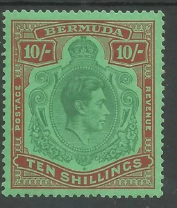 BERMUDA SG119 1938 GVI 10/- GREEN&DEEP LAKE/pale emerald FRESH VLMM CAT £400 - Picture 1 of 2