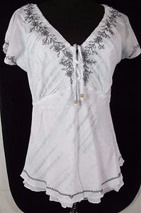 Nomadic Traders White Gray Rayon Embroidered V Neck Tie Top BREEZY Sz M  XL NWT - Picture 1 of 18