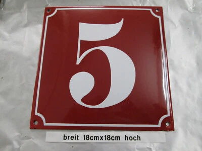 Hausnummer Emaille Nr. 5 weiße Zahl roter Hintergrund 18 cm x 18 cm Baujahr 2020 - Image 1 of 4