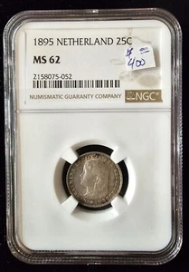 1895 Netherlands 25 Cents NGC MS 62 Key Wilhelmina Silver Coin - Picture 1 of 2
