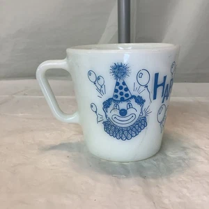 Vintage Pyrex Happy Birthday Blue Clown Balloons Milk Glass Mug #1410 - Picture 1 of 9